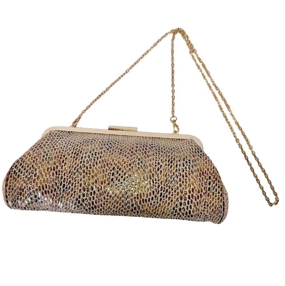 NWOT Urban Expressions Vegan Cruelty Free Tan Gold Soft Snake Skin Large Clutch
